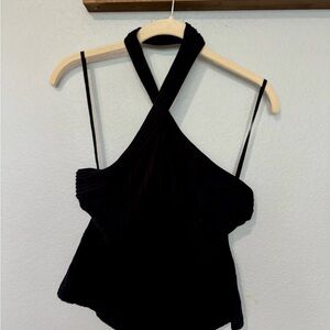Anthropologie Black Cross-Front Ribbed Halter Tank